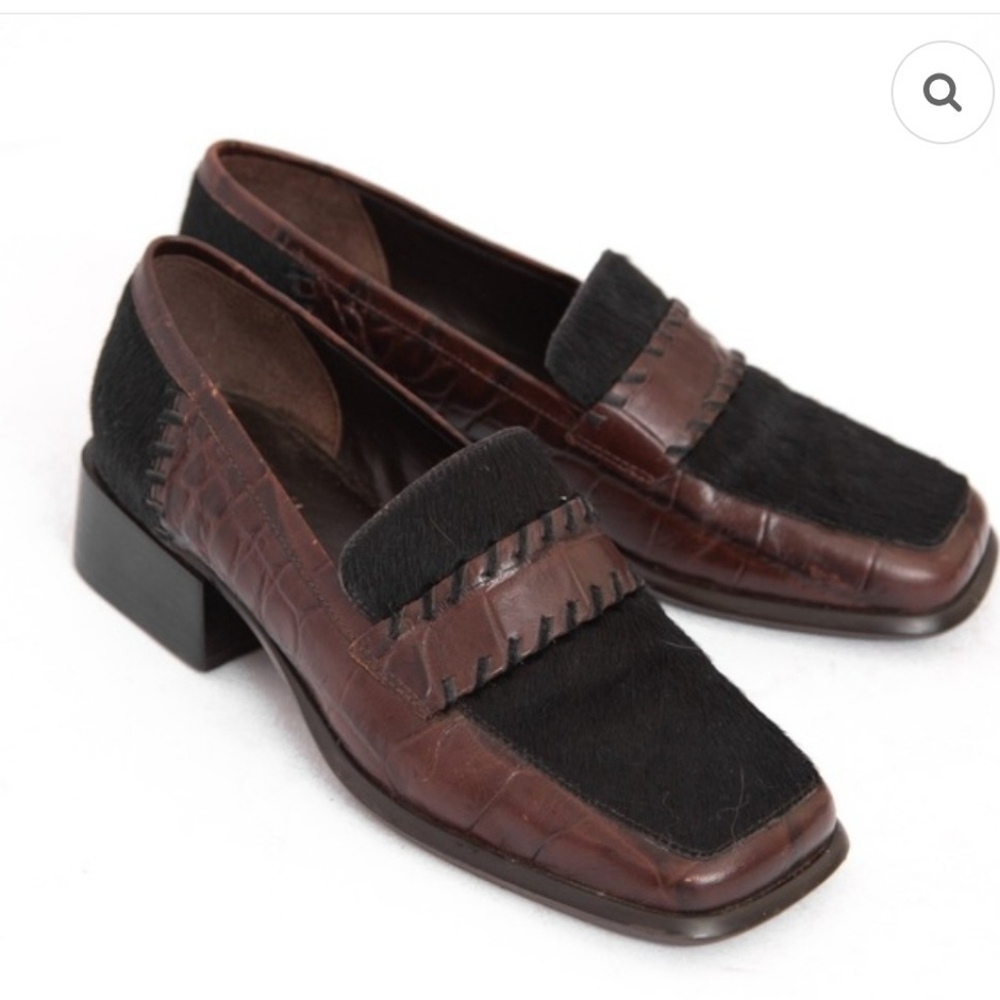 CEM Elegant Brown Leather Loafers with Faux Croc and Calf Hair Square Toe Sz 10M